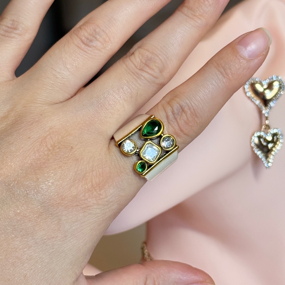 Silver and Gold Ring with Green and Clear Gems - Picture 3 of 7